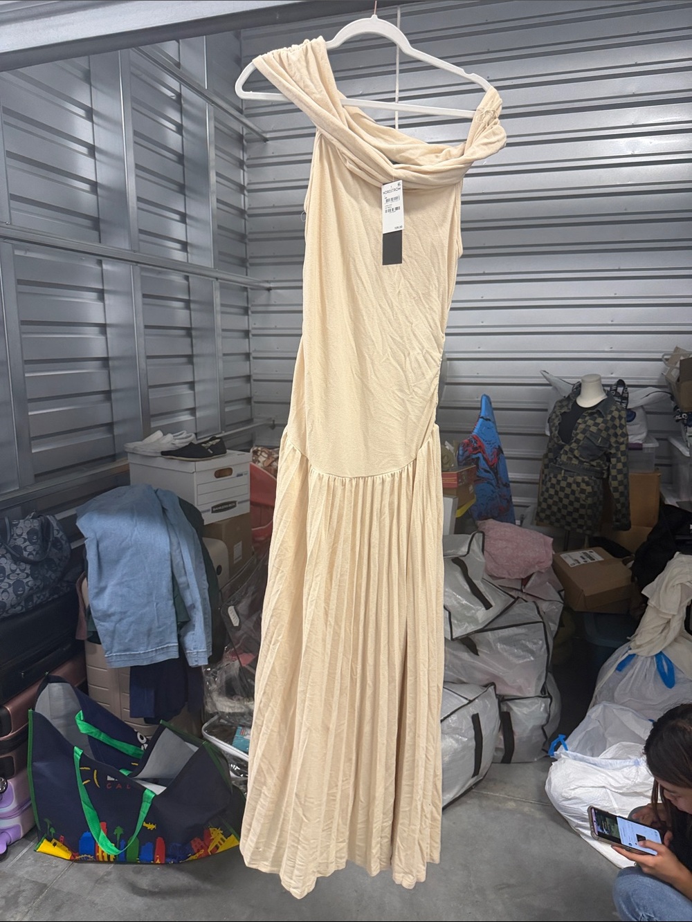 Lioness Cream One-Shoulder Pleated Maxi Dress